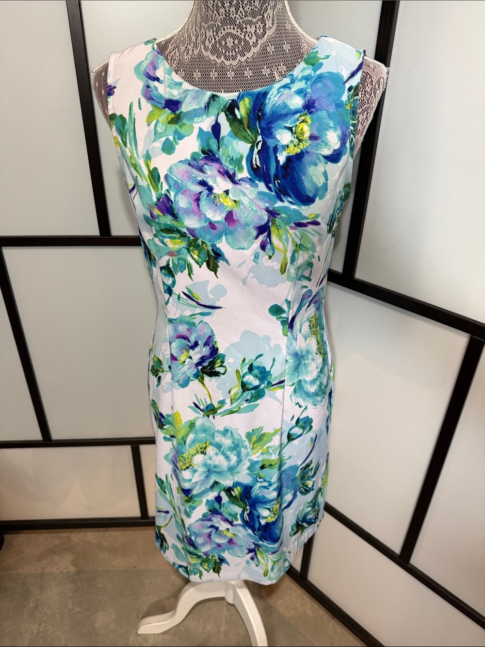 connected apparel Blue and Green Floral Midi Sheath Dress